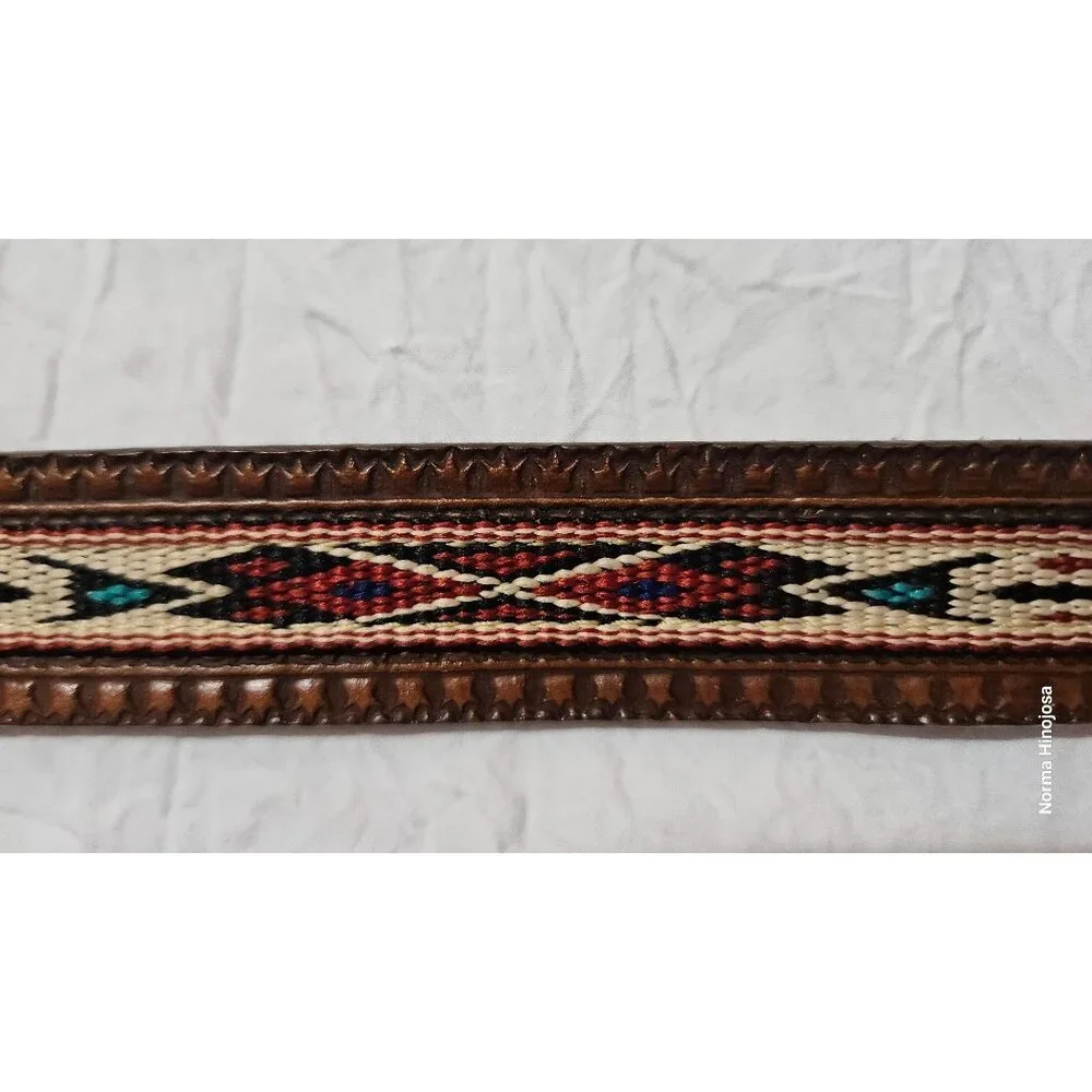 Vintage Justin Champion Western Leather Belt W/ Tooled Buckle & Woven Design 25